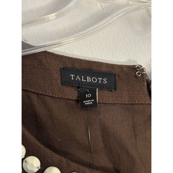 TALBOTS 100% Linen Shift Dress Women 10 Brown White Beaded Sleeveless Career NEW - Picture 3 of 13